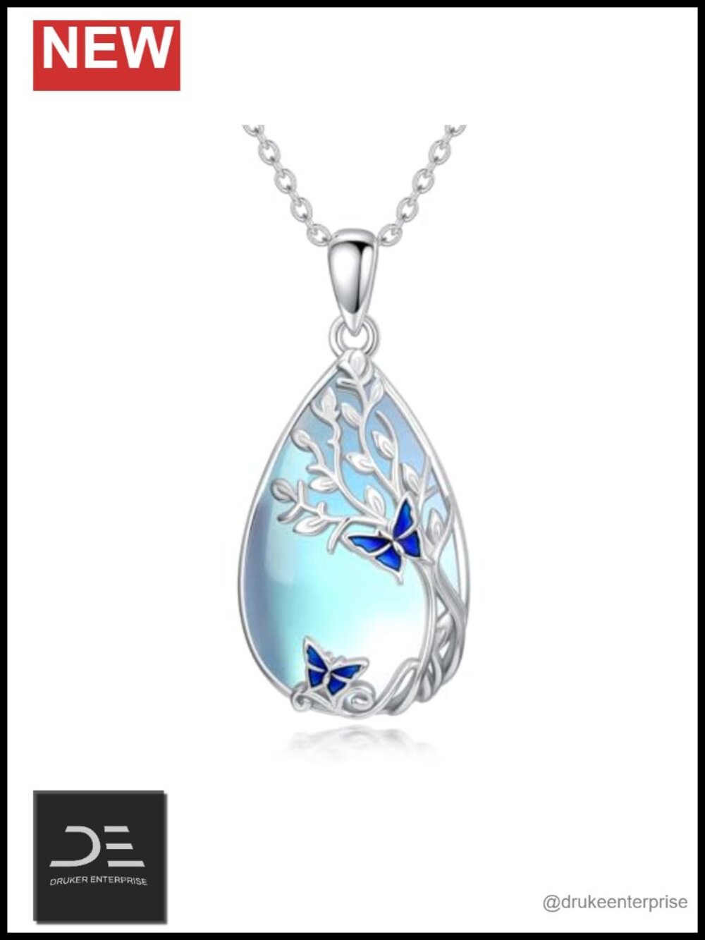 Moonstone Butterfly Pendant Necklace 18K White Gold Plated Adjustable Lobster